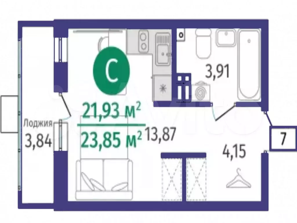Квартира-студия, 21,9 м, 6/14 эт. - Фото 1