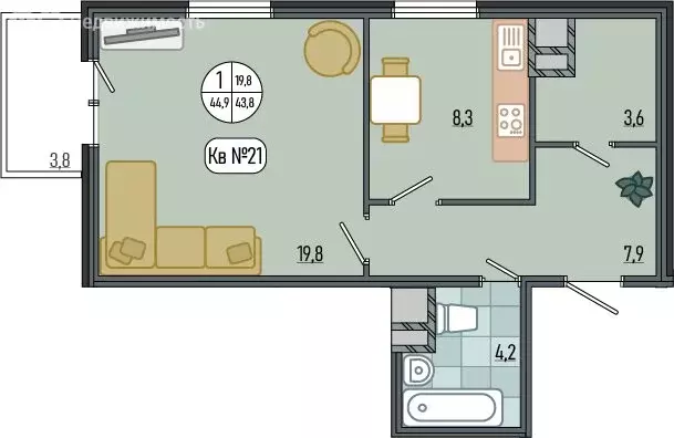 1-комнатная квартира: село Варваровка, улица Калинина, 150к1 (44.57 м) - Фото 1