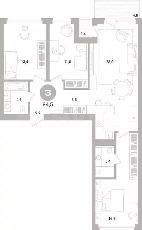 3-к. квартира, 94 м, 4/16 эт. - Фото 0
