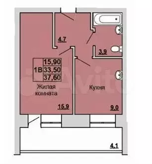 1-к. квартира, 37,6 м, 7/7 эт. - Фото 0