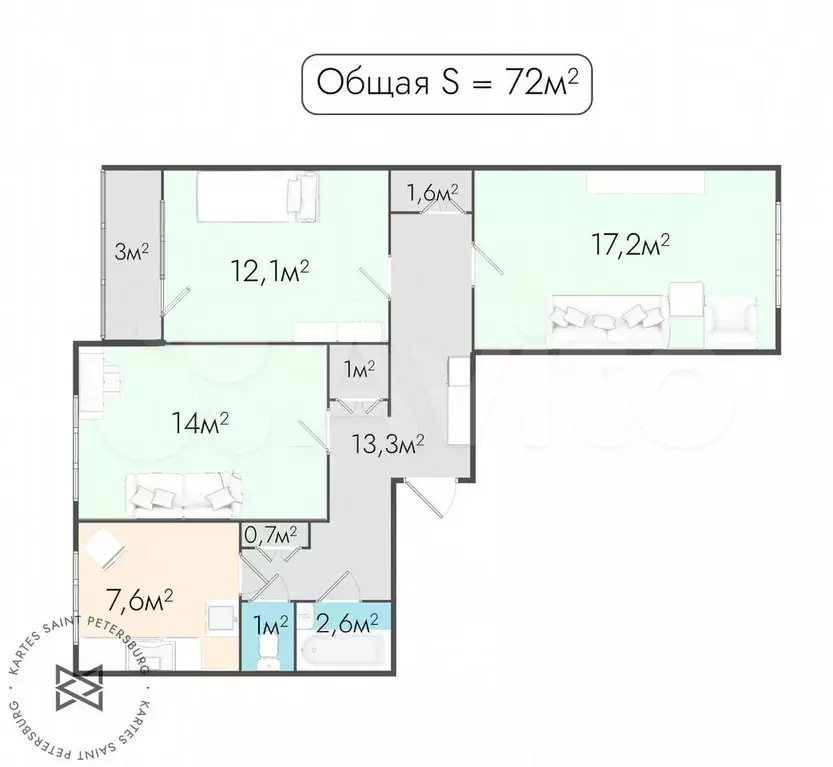 3-к. квартира, 72 м, 3/9 эт. - Фото 0