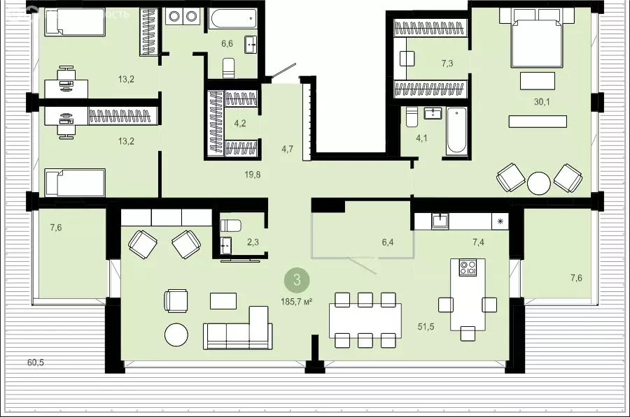 3-комнатная квартира: Новосибирск, улица Никитина, 10к8 (245.99 м) - Фото 1