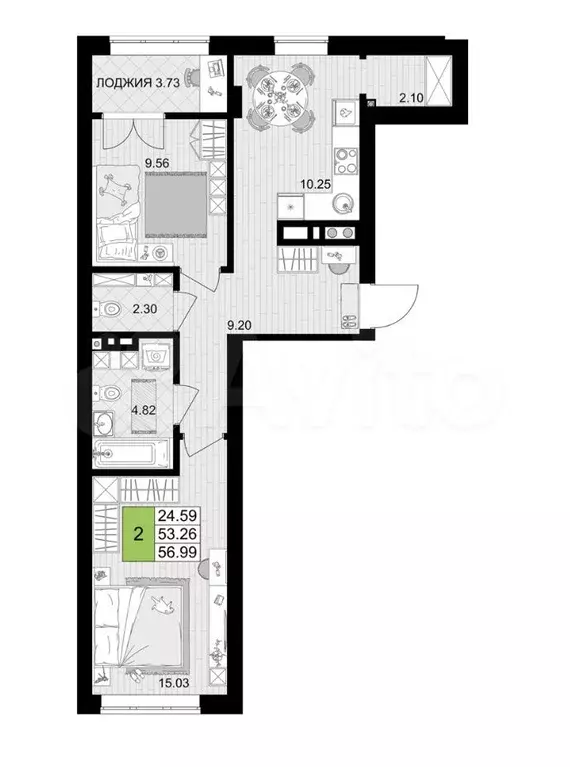 2-к. квартира, 57 м, 4/7 эт. - Фото 1