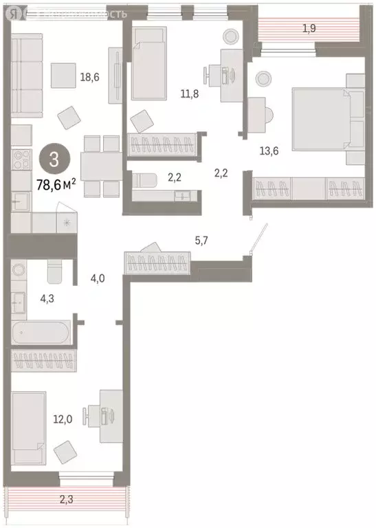3-комнатная квартира: Тюмень, улица Республики, 205к1 (78.6 м) - Фото 2