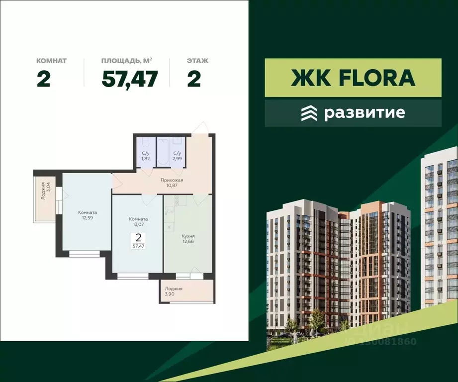 2-к кв. Воронежская область, Воронеж Флора жилой комплекс (57.47 м) - Фото 1