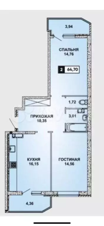 2-к. квартира, 64,7 м, 16/22 эт. - Фото 0