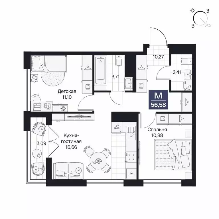 2-комнатная квартира: Волгоград, Центральный район (56.58 м) - Фото 1