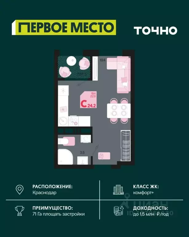 Студия Краснодарский край, Краснодар Первое Место жилой комплекс (24.2 ... - Фото 1