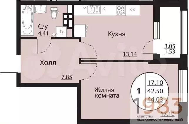 1-к. квартира, 44 м, 8/24 эт. - Фото 0