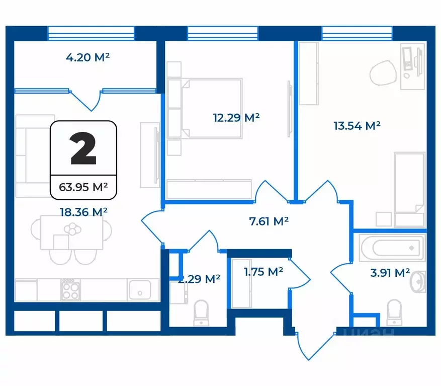 2-к кв. Рязанская область, Рязань Телецентр жилрайон,  (63.95 м) - Фото 1