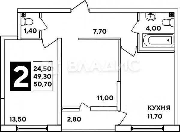 Квартира, 2 комнаты, 50.7 м - Фото 1