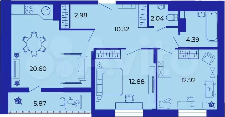 2-к. квартира, 72 м, 1/9 эт. - Фото 1