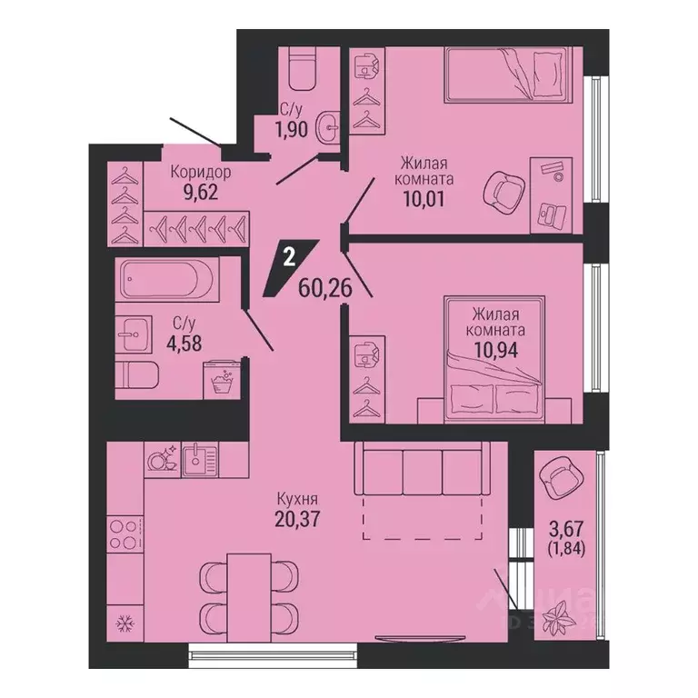 2-к кв. Свердловская область, Екатеринбург пер. Ученический, 4 (59.94 ... - Фото 1