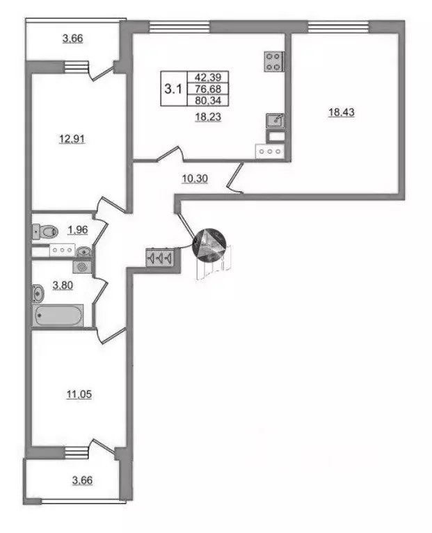 Квартира, 3 комнаты, 76.3 м - Фото 1