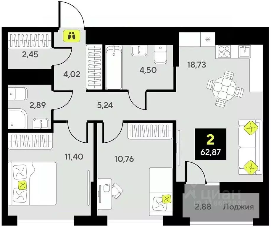 2-к кв. Тюменская область, Тюмень  (62.87 м) - Фото 0