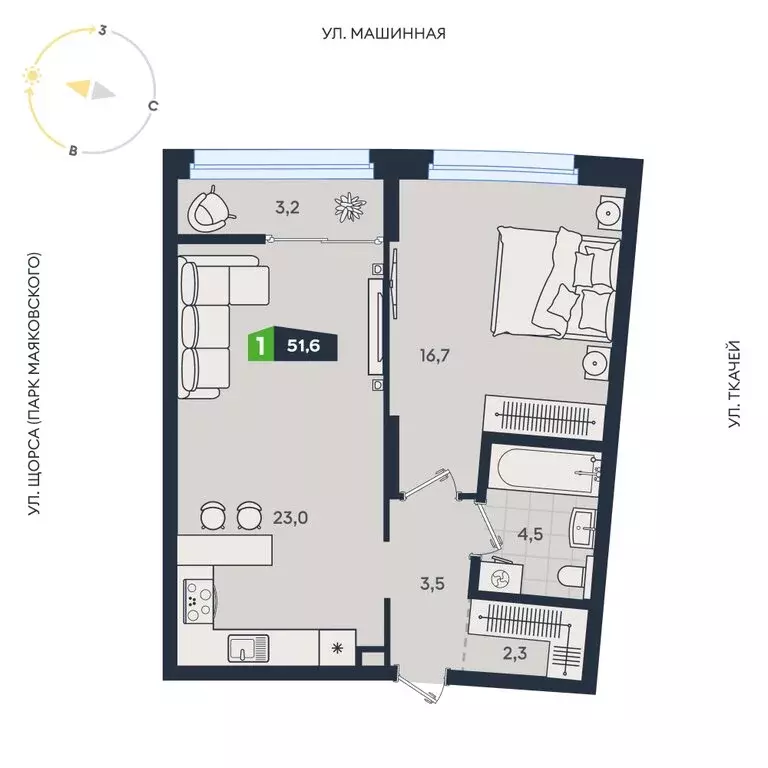 1-комнатная квартира: Екатеринбург, Машинная улица, 1В/2 (51.7 м) - Фото 1