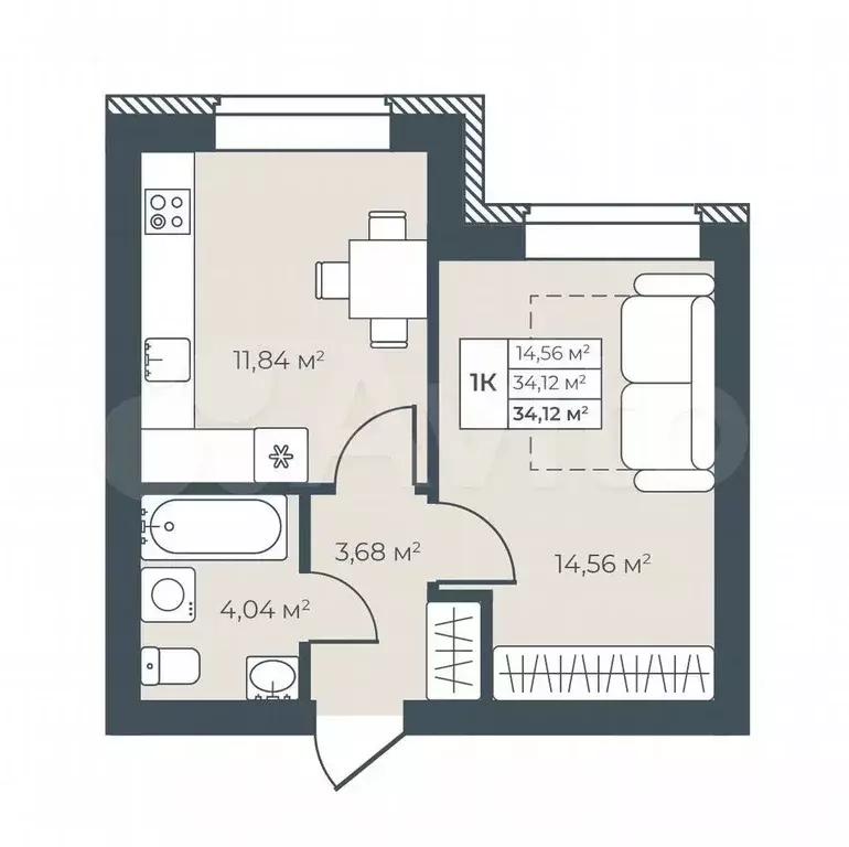 1-к. квартира, 34,1 м, 4/8 эт. - Фото 0