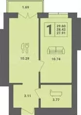 1-к. квартира, 28,4 м, 5/6 эт. - Фото 1