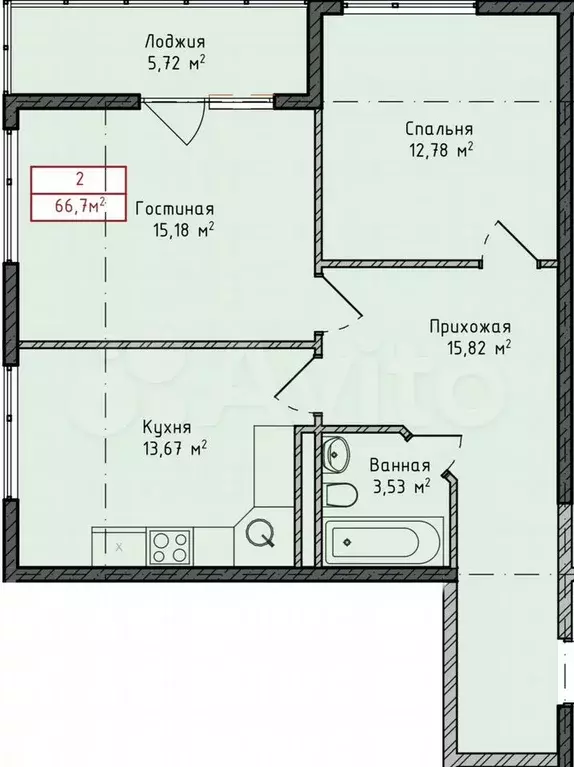 2-к. квартира, 66,7 м, 3/8 эт. - Фото 1