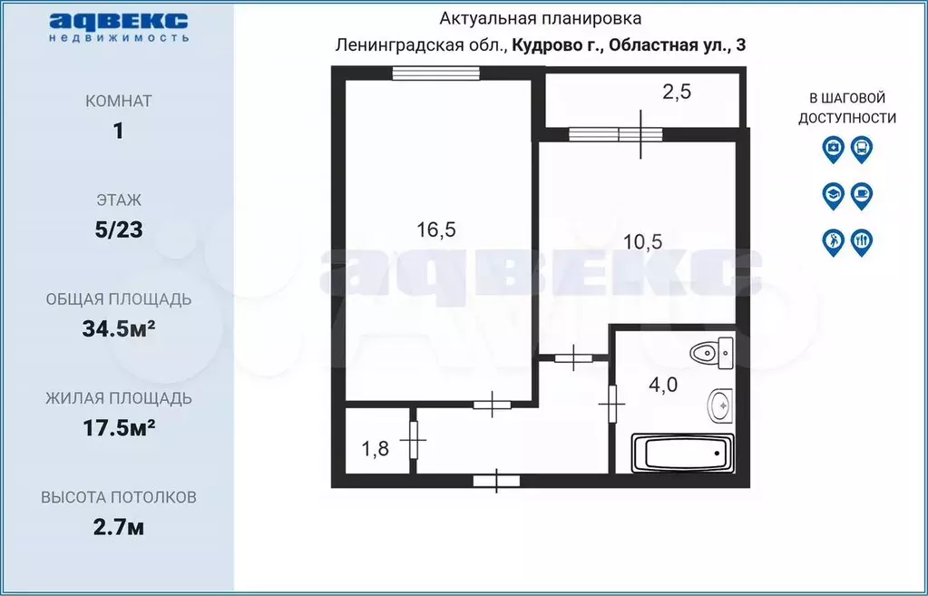 1-к. квартира, 34,5 м, 5/23 эт. - Фото 0