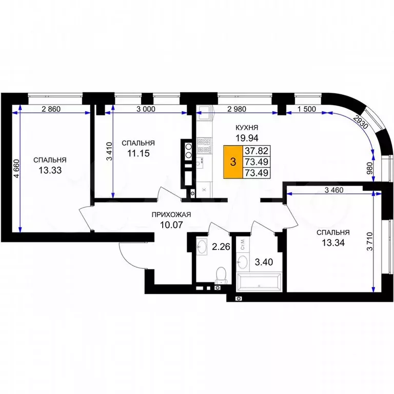 3-к. квартира, 73,5 м, 2/7 эт. - Фото 1