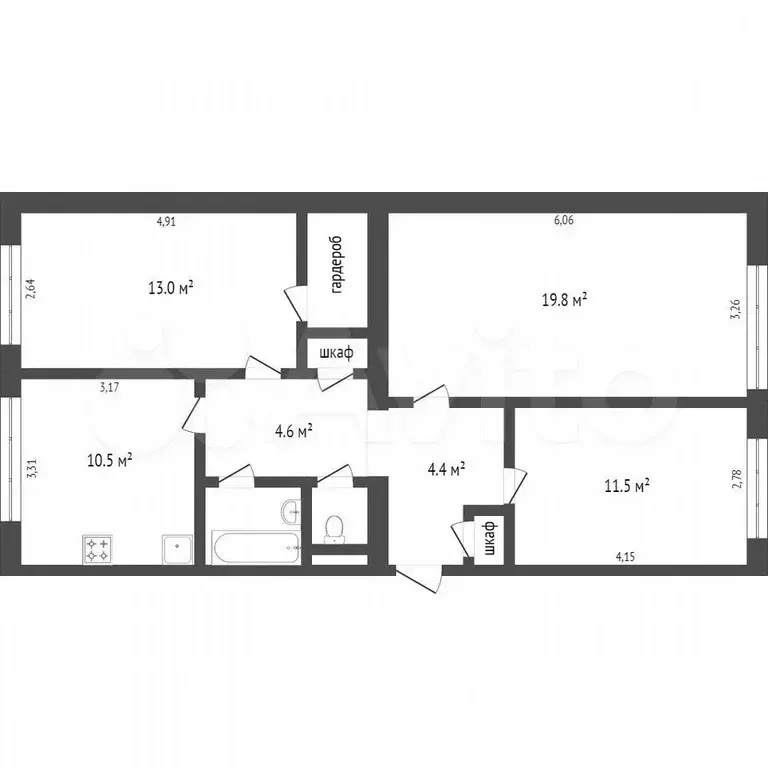 3-к. квартира, 69,1 м, 4/5 эт. - Фото 0