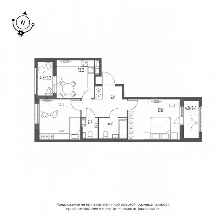 2-к. квартира, 65,9 м, 5/9 эт. - Фото 0