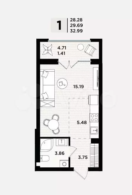 Квартира-студия, 29,7 м, 3/5 эт. - Фото 1