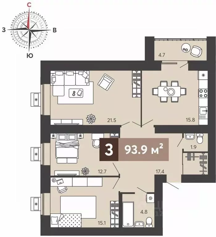 3-к кв. Пензенская область, Пенза ул. Щербакова, 69 (93.9 м) - Фото 1