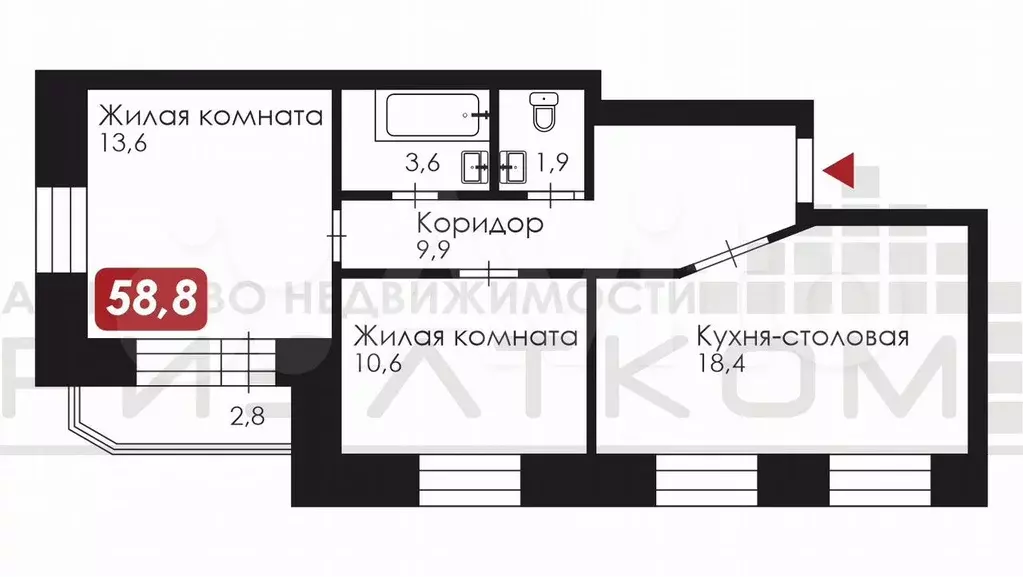 2-к. квартира, 58,8 м, 3/8 эт. - Фото 0