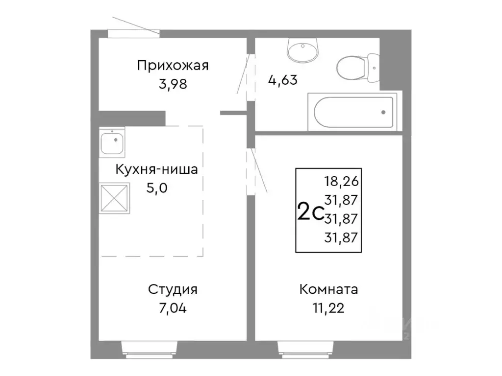 2-к кв. Челябинская область, Челябинск Ярославская ул. (31.87 м) - Фото 1