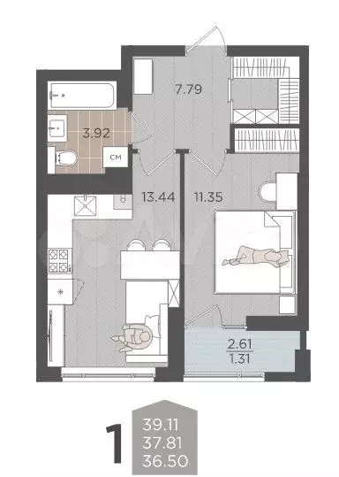 1-к. квартира, 37,9 м, 7/9 эт. - Фото 1