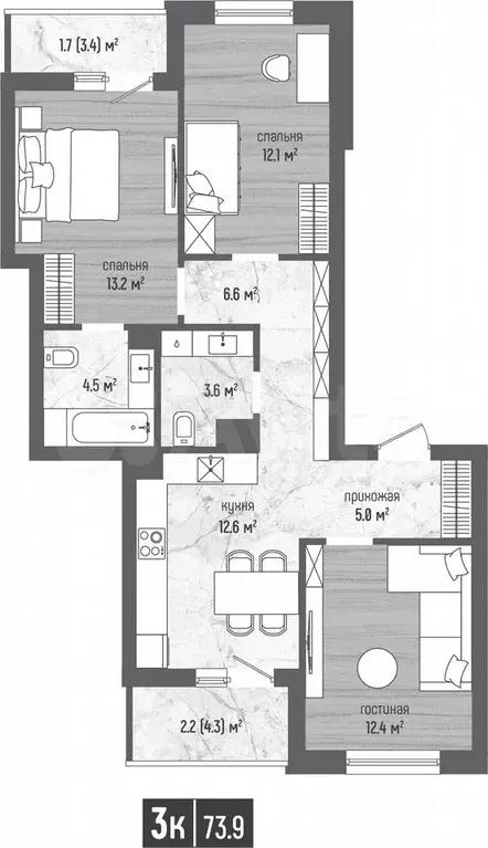 3-к. квартира, 73,9 м, 2/5 эт. - Фото 1