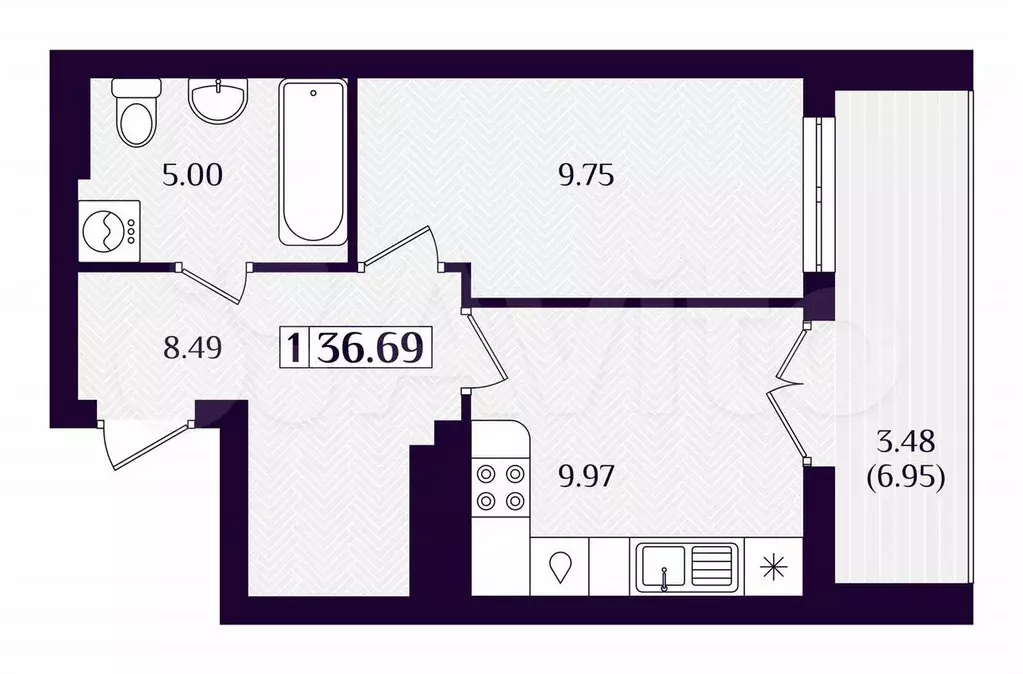 1-к. квартира, 36,7 м, 2/7 эт. - Фото 1