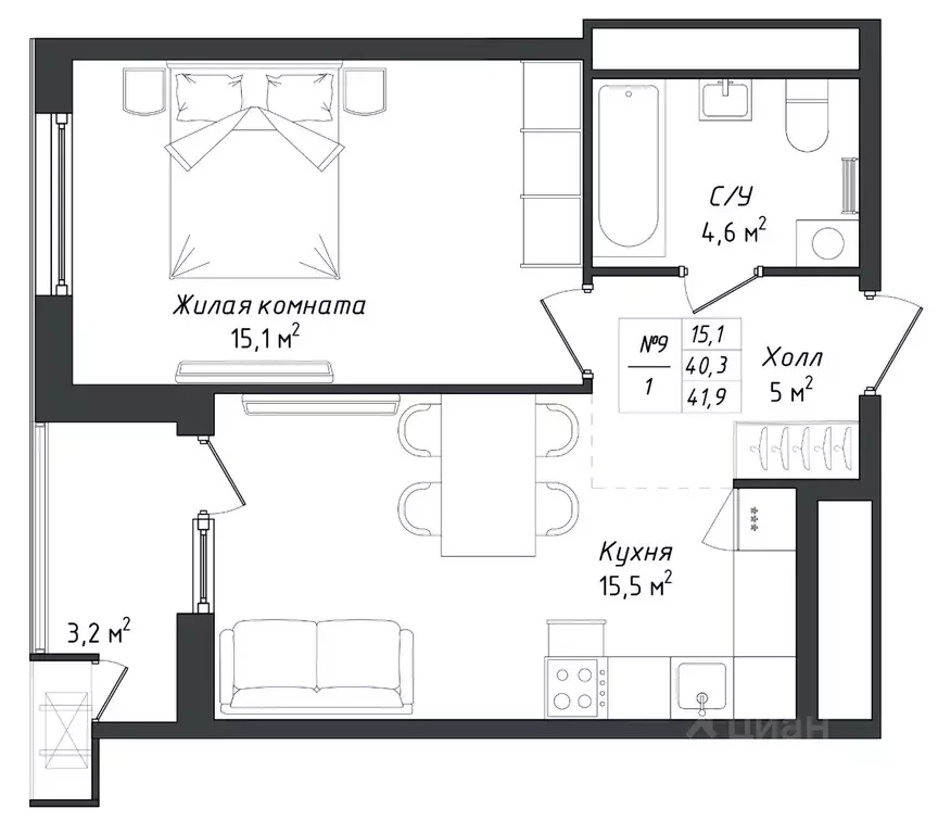 1-к кв. Калужская область, Калуга Комфорт Парк жилой комплекс (42.2 м) - Фото 2