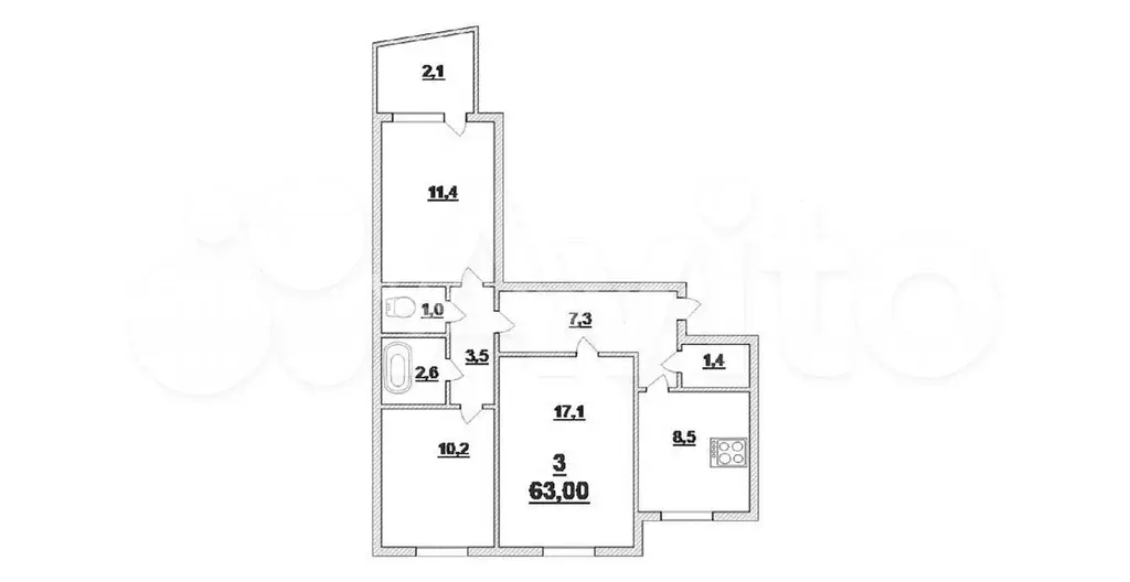 3-к. квартира, 63 м, 1/9 эт. - Фото 0