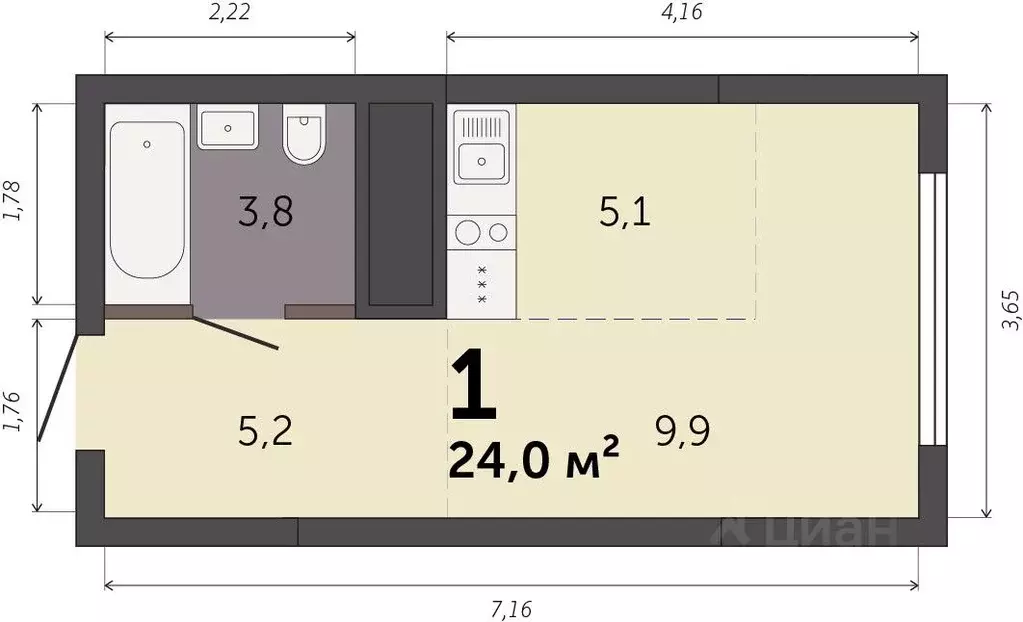 Студия Свердловская область, Екатеринбург Южный жилрайон,  (24.0 м) - Фото 1