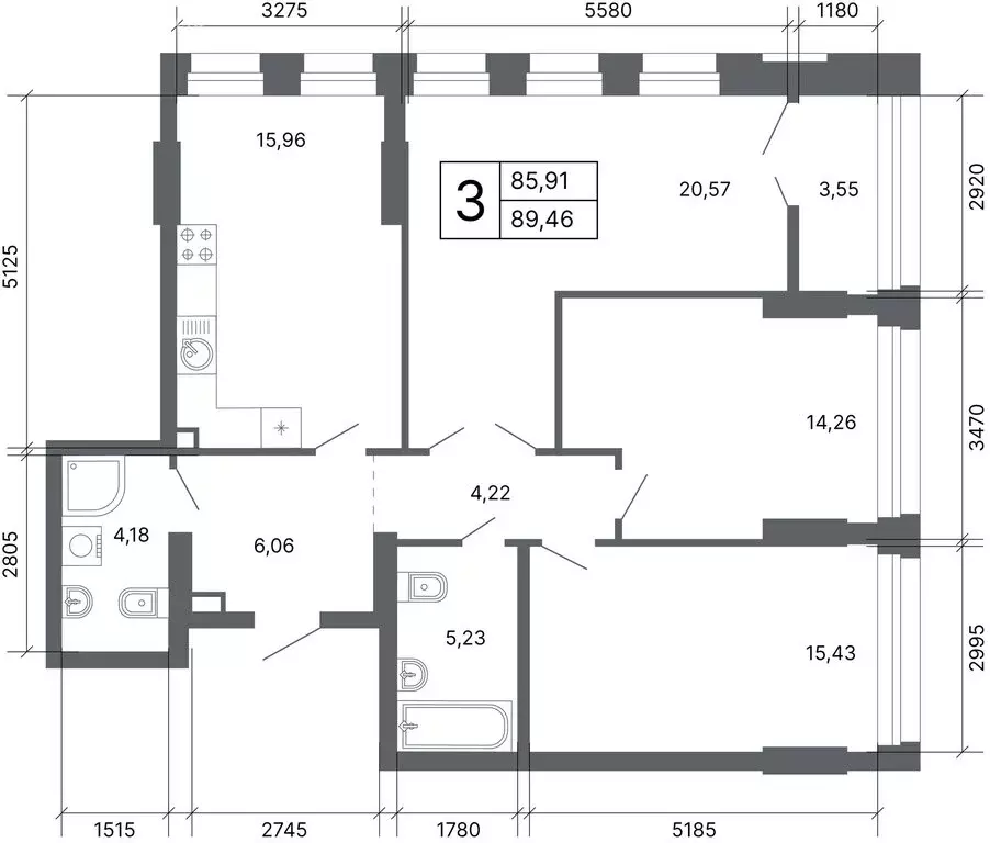 3-комнатная квартира: Екатеринбург, улица Мира, 47/7 (88.2 м) - Фото 1