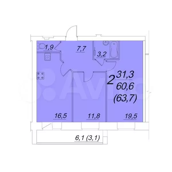 2-к. квартира, 63,7м, 4/10эт. - Фото 1