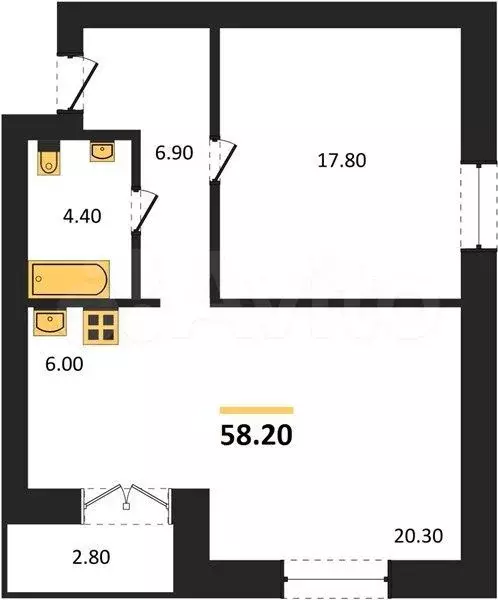 1-к. квартира, 58,2 м, 7/8 эт. - Фото 0