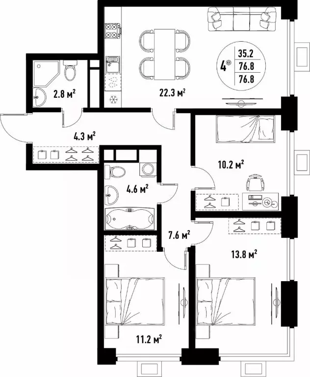 4-к кв. Астраханская область, Астрахань ул. Бэра, 29 (76.8 м) - Фото 2