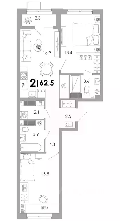 2-к кв. Владимирская область, Владимир Уно жилой комплекс (62.5 м) - Фото 1