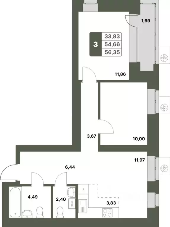 3-к кв. Башкортостан, Уфимский район, с. Миловка  (56.35 м) - Фото 1