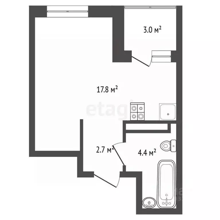 Студия Тюменская область, Тюмень Дамбовская ул., 29к2 (27.79 м) - Фото 2