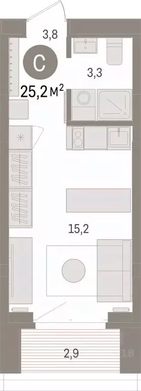 Студия Тюменская область, Тюмень На Минской жилой комплекс (25.16 м) - Фото 0