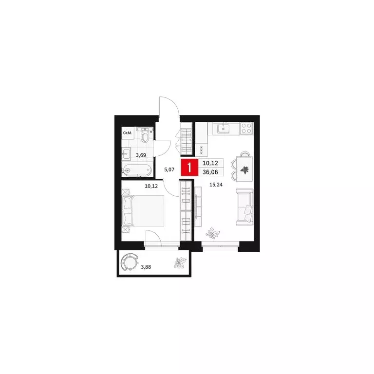 1-комнатная квартира: Уфа, Большая Московская улица, 11 (36.06 м) - Фото 1