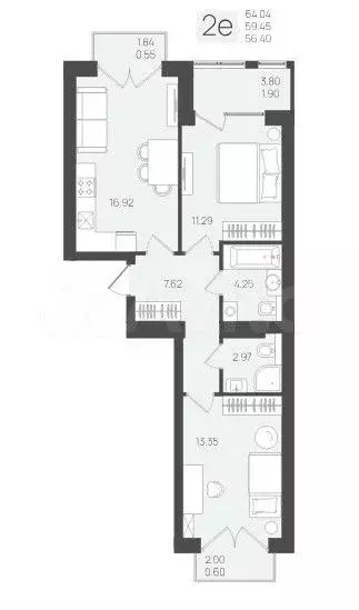 2-к. квартира, 64 м, 5/5 эт. - Фото 1