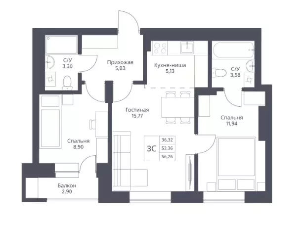 Продаётся 3-к квартира, 53.36 м - Фото 0