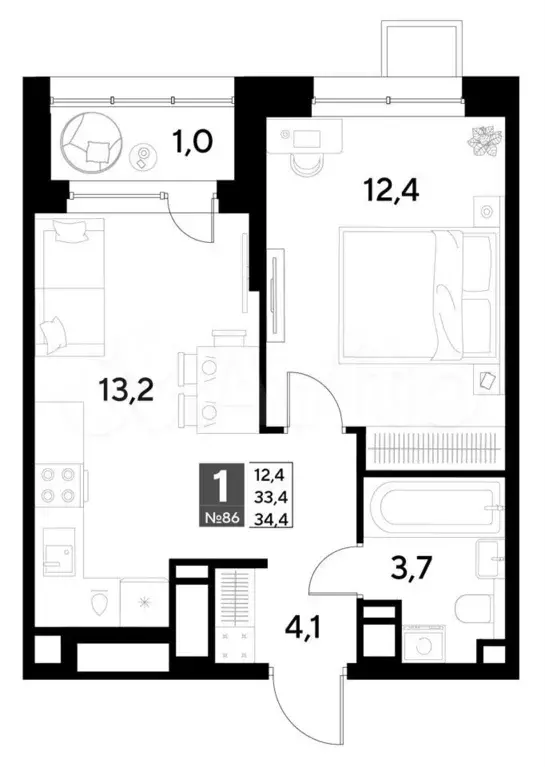 1-к. квартира, 34,4 м, 8/21 эт. - Фото 0