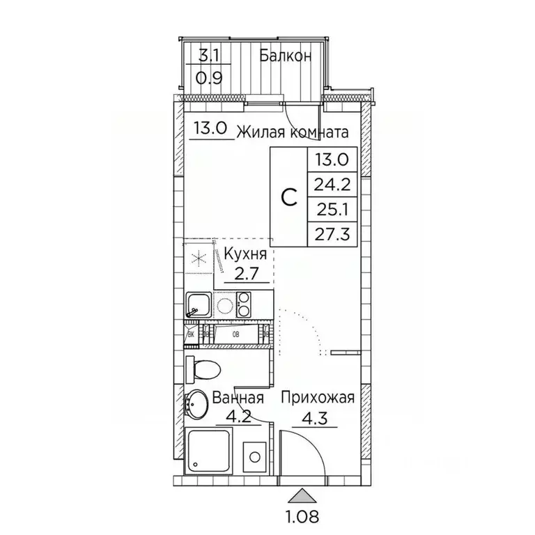 Студия Приморский край, Владивосток ул. Расула Гамзатова, 7к2 (27.3 м) - Фото 2
